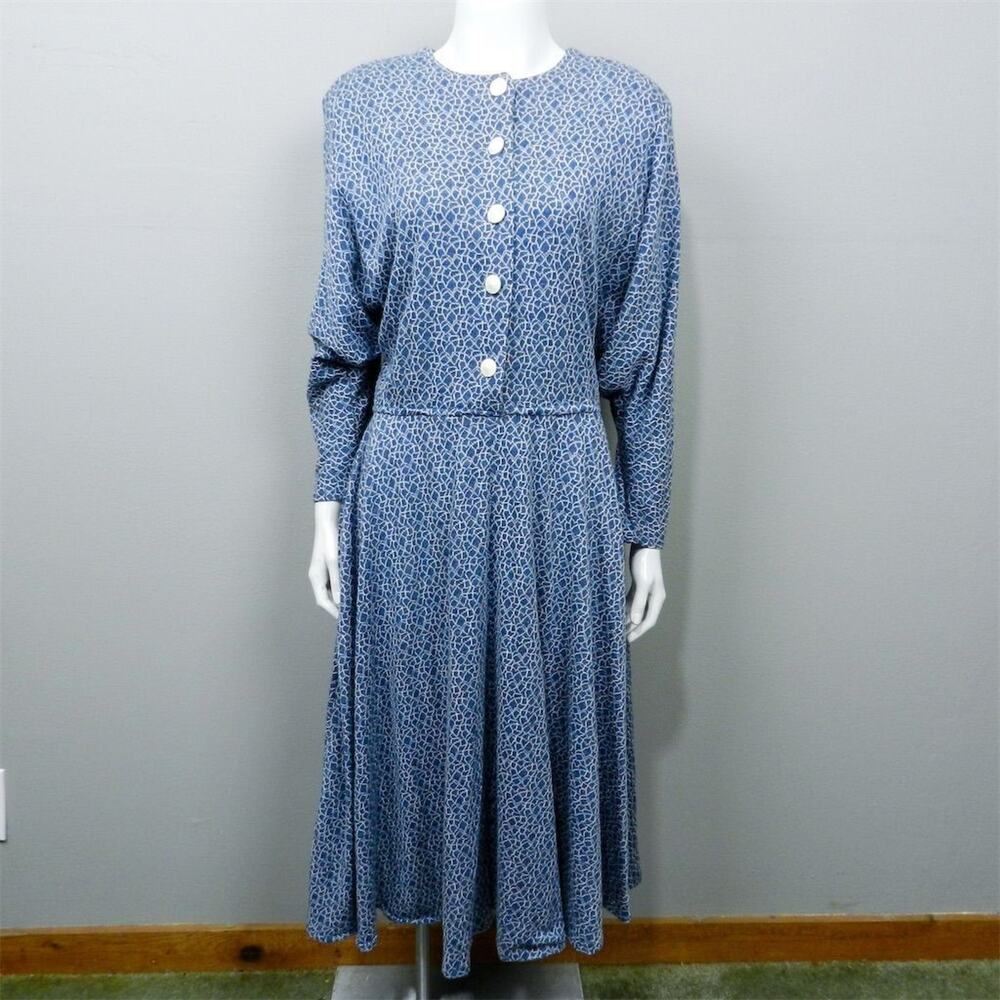 Vintage 80s 90s Blue Floral Midi Dress Size 11 All That Jazz Cottagecore Retro